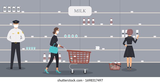 Grocery Store Is Open During Epidemic Of Virus. Security Guard In Protective Medical Mask And Customer Selects Milk And Other Products On Half-empty Shelves In Dairy Department.Raster Illustration