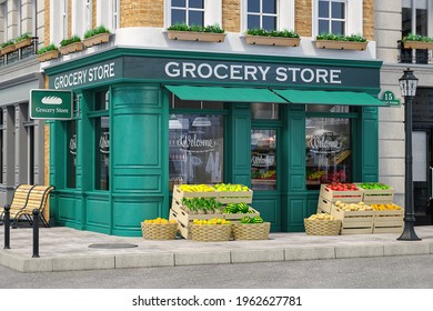 Grocery store shop in vintage style with fruit and vegetables crates on the street. 3d illustration