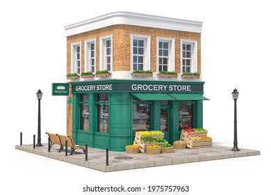 Grocery store shop in vintage style, fruit and vegetables crates on the street. 3d illustration