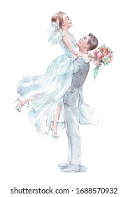 Groom Carrying His Bride On Hands Watercolor Art