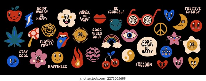 Groovy psychedelic smiley faces. Set of cool trippy mascot faces. Bright social media emoticons. Positive vibes funky hippie emotion stickers. Different emotions faces. Acid weed mushroom icons