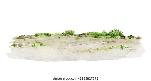 Ground with green grass watercolor illustration. Lush grassy on the ground landscape background element. Natural surface illustration. Isolated white background