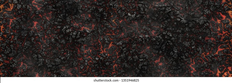 Ground hot coals  Danger heat terrain   3d illustration smouldering eruption  Charcoal burning   crack surface  Abstract nature pattern   glow faded flame  Background texture   little spark