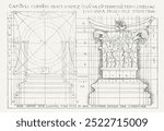 Ground plan, base, and capital of a Corinthian Column (1543) by Sebald Beham. Architecture column sketch. Black and white Greek column vintage art drawing illustration, old sketch painting art print.