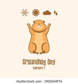 Groundhog Day Poster With A Marmot Predicting The Weather Illustration. Weather Forecast With Marmot Icon. Woodchuck And Weather Symbols Illustration. February 2, Important Day