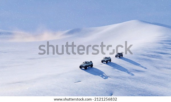 Group of 4x4 off-road vehicles SUV driving on snow\
slope among snowy arctic desert landscape with snow drifting at\
heavy snowfall and snowstorm. Winter scene 3D illustration from my\
3D rendering file.