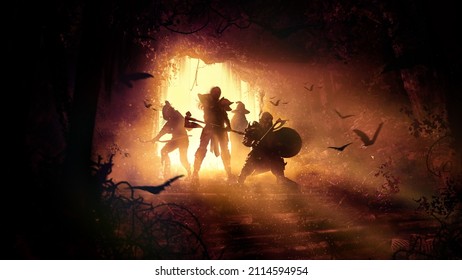 A group of adventurers, a woman warrior with an axe, a gnome with a shield, an elf archer and a wizard are standing at the entrance to a dark, sinister dungeon with thickets bones and bats. 2d art