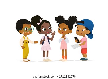Group of African American children talk to each other. School boy with vitiligo say hello to new friends. Asian boy scan QR code. School friends have fun