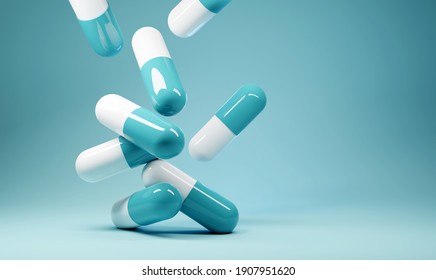 Группа капсул с антибиотиками падает. Фон для 3D-иллюстраций здравоохранения и медицины.