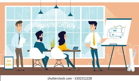 Group of architect engineering plan of new house. illustration of working cartoon characters in coworking studio.