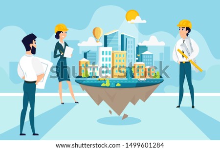 Group architects create and engineering project of city. Team work of cartoon characters. illustration of art idea. Creative people building company dream.