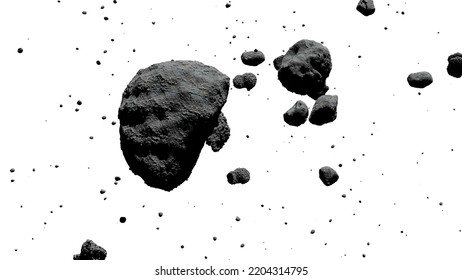 a group of asteroids, isolated on white background, 3d science illustration