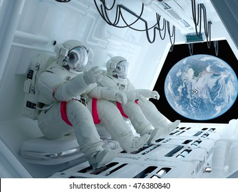 Group Astronauts Inside The Spacecraft..3d Render