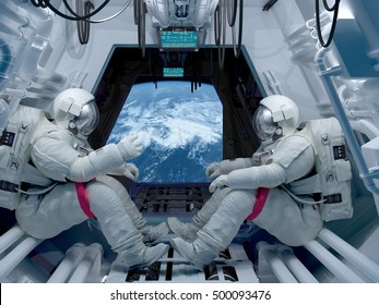 Group Astronauts Inside The Spacecraft..3d Render