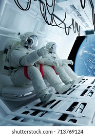 Group Astronauts Inside The Spacecraft..3d Render