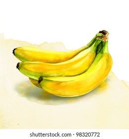 Group Of Banana. Watercolor Painting On White Background