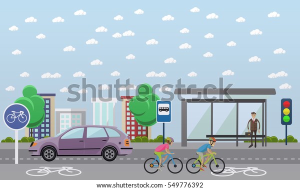 Group of bicycle riders on bikes on road. Street\
with bicycle line. Biking sport concept cartoon banners.\
illustration in flat style\
design.