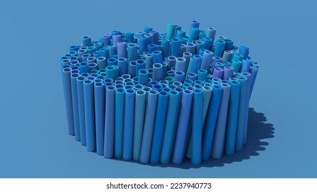 Group of blue tubes. Blue background. Abstract illustration, 3d render.
