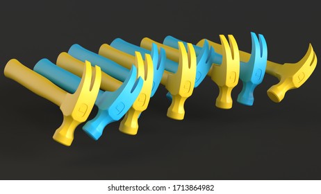 The Group Of Blue And Yellow Monochromatic Hammers On The Black Background. 3d Render.