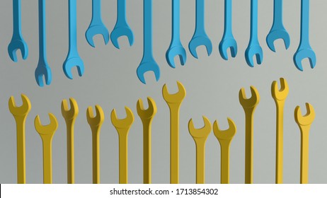 The Group Of Blue And Yellow Monochromatic Spanners On The Light Background. 3d Render.