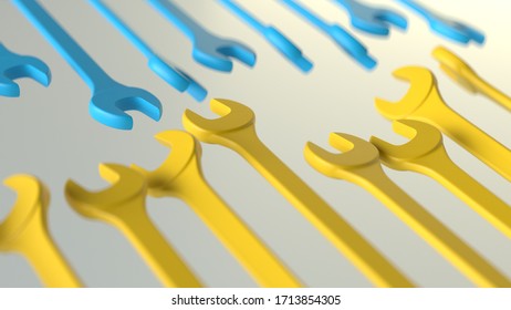 The Group Of Blue And Yellow Monochromatic Spanners On The Light Background. 3d Render.