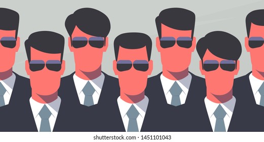 Group Of Bodyguards In Dark Suits And Dark Glasses. Secret Service Agents. Protection Concept. Retro Style Illustration.