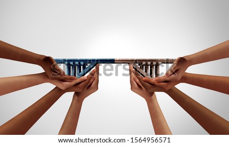 Group bridge concept and building connections as a business success by joining teams together with 3D illustration elements. 商業照片 © 