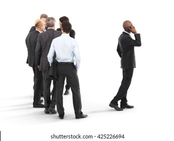 Group Of Business Men With One Emerging To The Front. Leading The Pack, Leadership ,performance,initiative  Or Minority Concept On A White Isolated Background. 3d Rendering