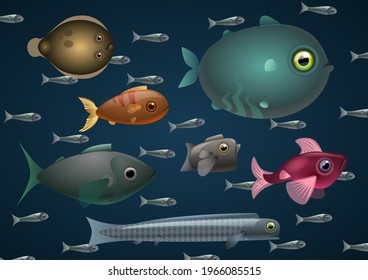 A group of cartoon fishes swimming in the deep ocean. Digital illustration