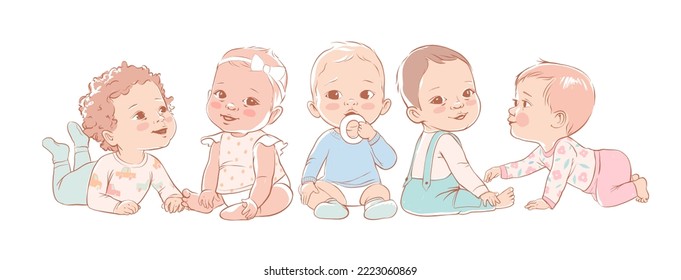 A group of caucasian ethnic baby boys and girls in sitting on a white. Active baby of 3-12 months wearing clothes. First year baby development. Newborn crawling playing and smiling. - Powered by Shutterstock