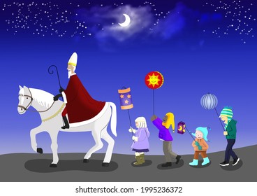 A group of children makes a torchlight procession to the Saint Martin's feast. A rider with a big coat rides ahead. Drawing with light and shadow.