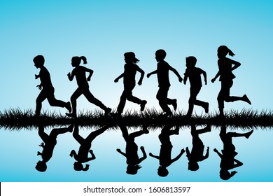 Group Children Silhouettes Running Outdoor Stock Illustration ...