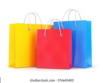 Group of color paper shopping bags isolated on white background. Business, retail, sale and online commerce concept. 3D illustration