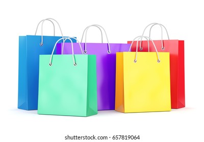 Group of color paper shopping bags isolated on white background. Business, retail, sale and online commerce concept. 3D illustration