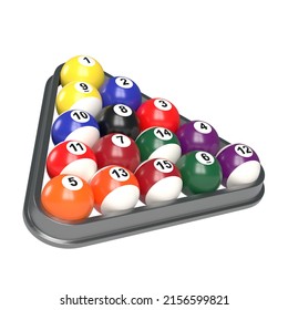 Grupo de coloridas bolas de juego de billar brillante con números dentro del triángulo de billar aislados en fondo blanco. Juego de bolas de billar. Ilustración 3D