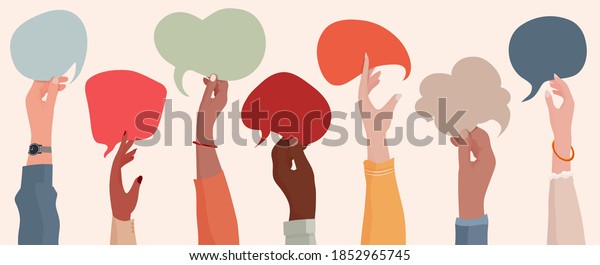Group communication of multi-ethnic and\
multicultural men and women. Raised hands holding speech bubble.\
Racial equality. People diversity. Different culture and countries.\
Community