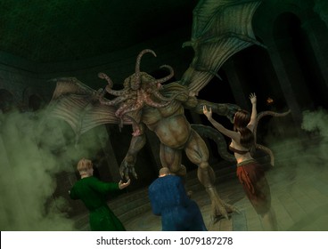 A group of cultist worshiping the great monster Cthulhu. 3D Illustration. 