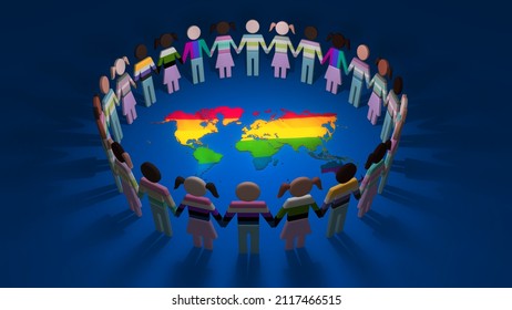 Group Of Cutout LGBTQ People Holding Hands Together As A Connected Circle Around The World. 3D Illustration Concept Of Gay, Lesbian, Queer, Gender And Race Community. Diversity In Sexual Orientation