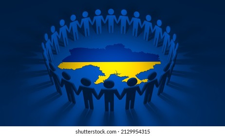 Group Of Cutout People Holding Hands Together Forming A Connected Circle Of Alliance And Cooperation Around The Map Of Ukraine On Blue Background. 3D Illustration Concept Of Peace And Solidarity.