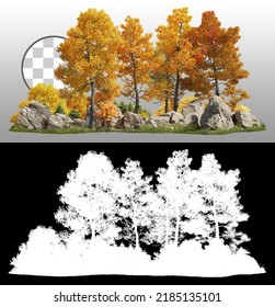 Group Of Deciduous Trees Among The Rocks. Cutout Yellow Trees In Autumn Isolated On Transparent Background. Forest Scape For Landscaping. Colorful Tree Line In Fall. Photorealistic 3d Rendering.