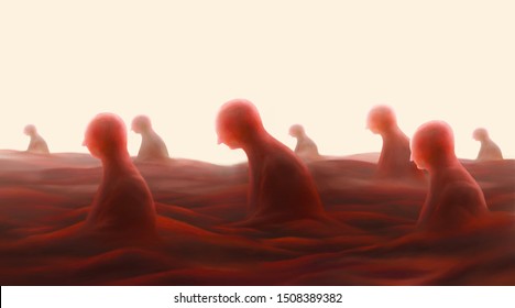 Group Of Depression People In Fantasy Landscape, Hopeless, Sorrow, Loneliness Concept, Surreal Painting