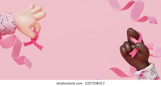 Group of diverse hands holding pink ribbon together representing breast cancer awareness and support. 3D render illustration.. - Powered by Shutterstock