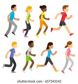 Group Of Diverse Marathon Runners In Modern Flat Cartoon Style. Sports Race People Illustration Set.