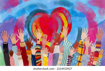 Group of diverse people with arms and hands raised towards a hand painted heart. Charity donation and volunteer work. Support and assistance. Multicultural and multiethnic community. People diversity - Powered by Shutterstock