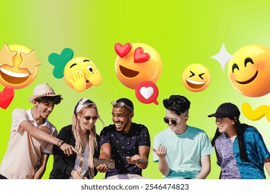 Group of diverse young men and women enjoying and laughing surfing in social media emojis. Young adults diverse group with emojis. Happy diverse group on emoji background. - Powered by Shutterstock