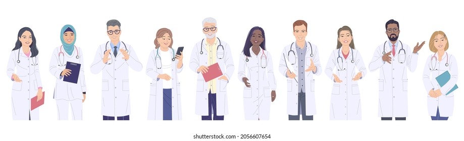 Group of doctors male and female characters. Multiethnic friendly medical workers in white coats isolated on blank background. Healthcare service. Diverse people  cartoon illustration. - Powered by Shutterstock