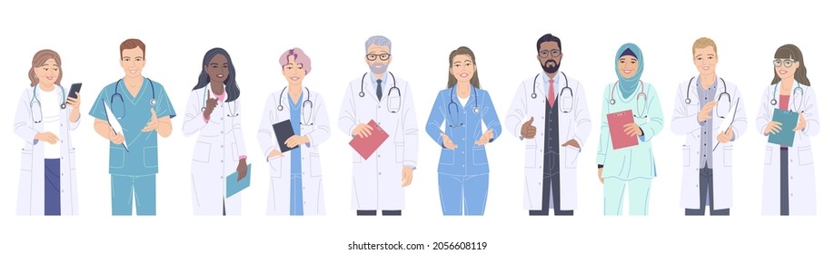 Group of doctors male and female characters. Multiethnic friendly medical workers in white coats isolated on blank background. Healthcare service. Diverse people  cartoon illustration. - Powered by Shutterstock