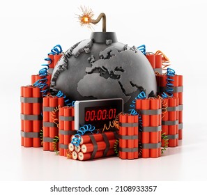 Group of dynamites around the bomb shaped earth isolated on white background. 3D illustration.