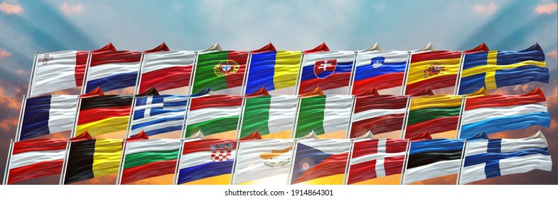 Group of Eight G8 flags waving with texture background- 3D illustration - 3D render