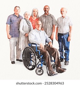 Group of elderly people, with one man in a wheelchair. Elderly men and women standing, elderly man in wheelchair, elderly group photo. Watercolor illustration, illustration of people in watercolor. - Powered by Shutterstock